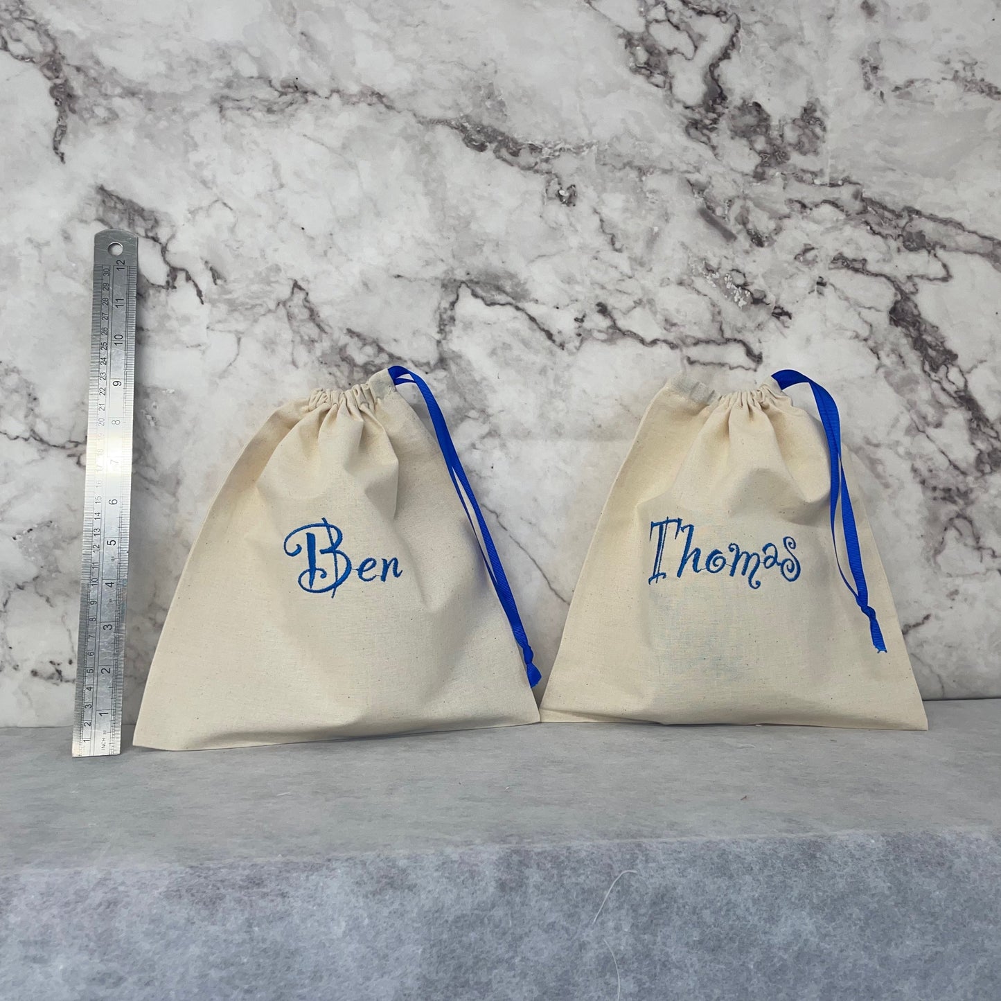 Blue personalised cotton drawstring bags