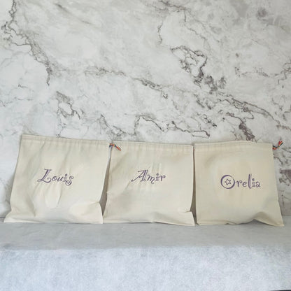 Purple personalised cotton drawstring bags