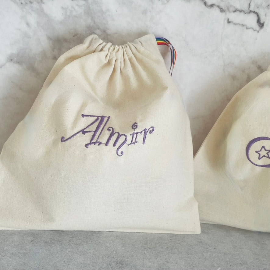 Purple personalised cotton drawstring bags