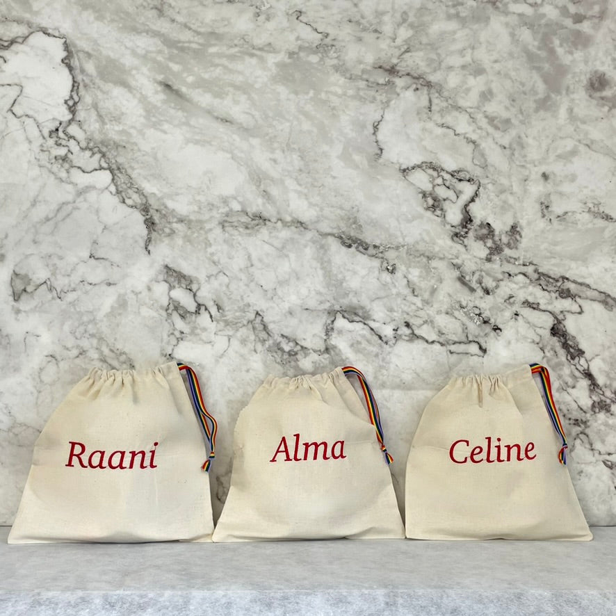 Red personalised cotton drawstring bags