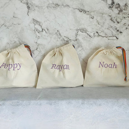 Purple personalised cotton drawstring bags