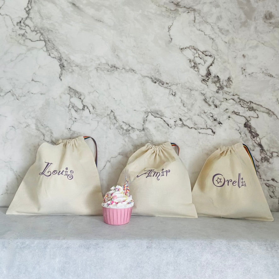 Purple personalised cotton drawstring bags