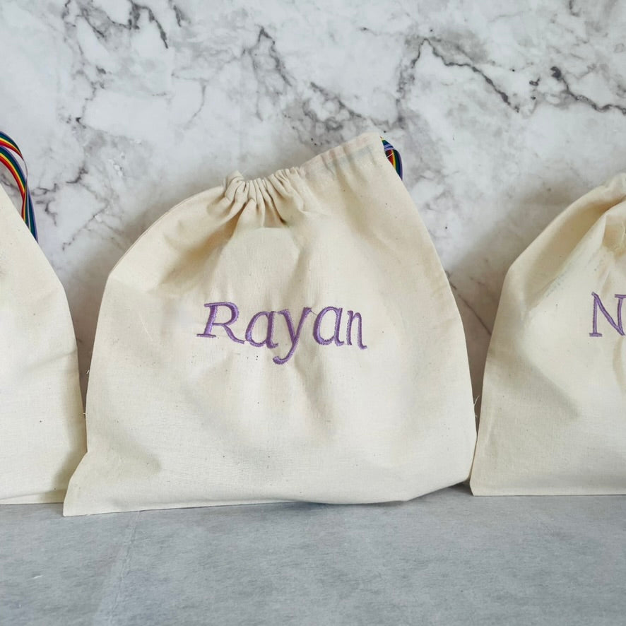 Purple personalised cotton drawstring bags