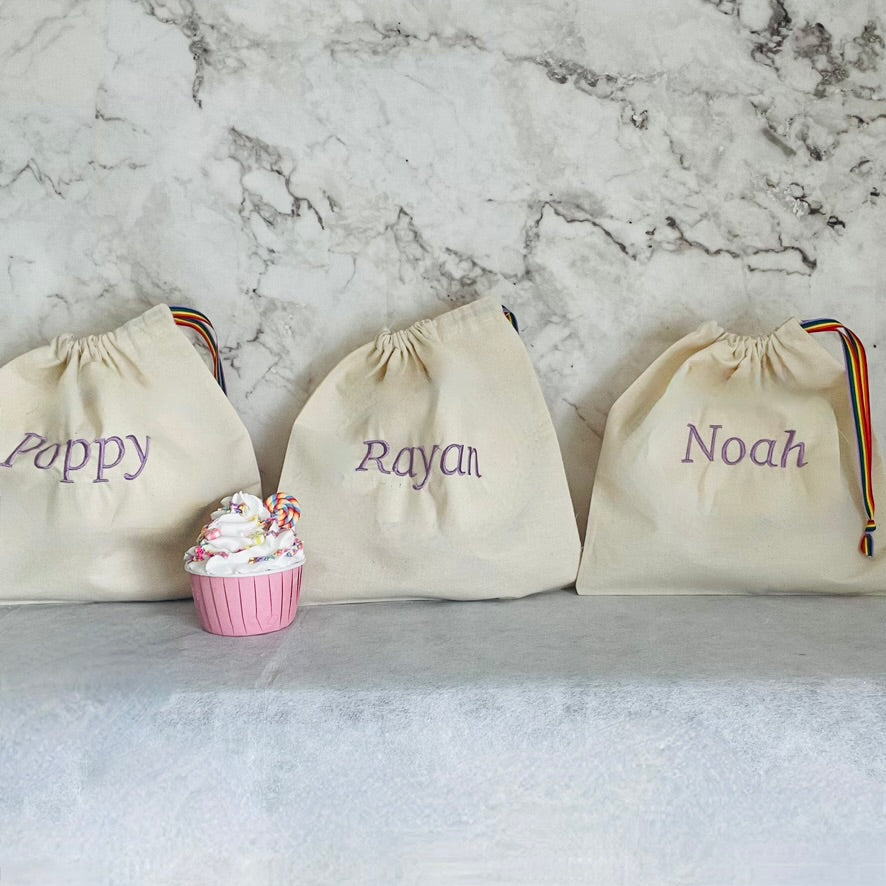 Purple personalised cotton drawstring bags