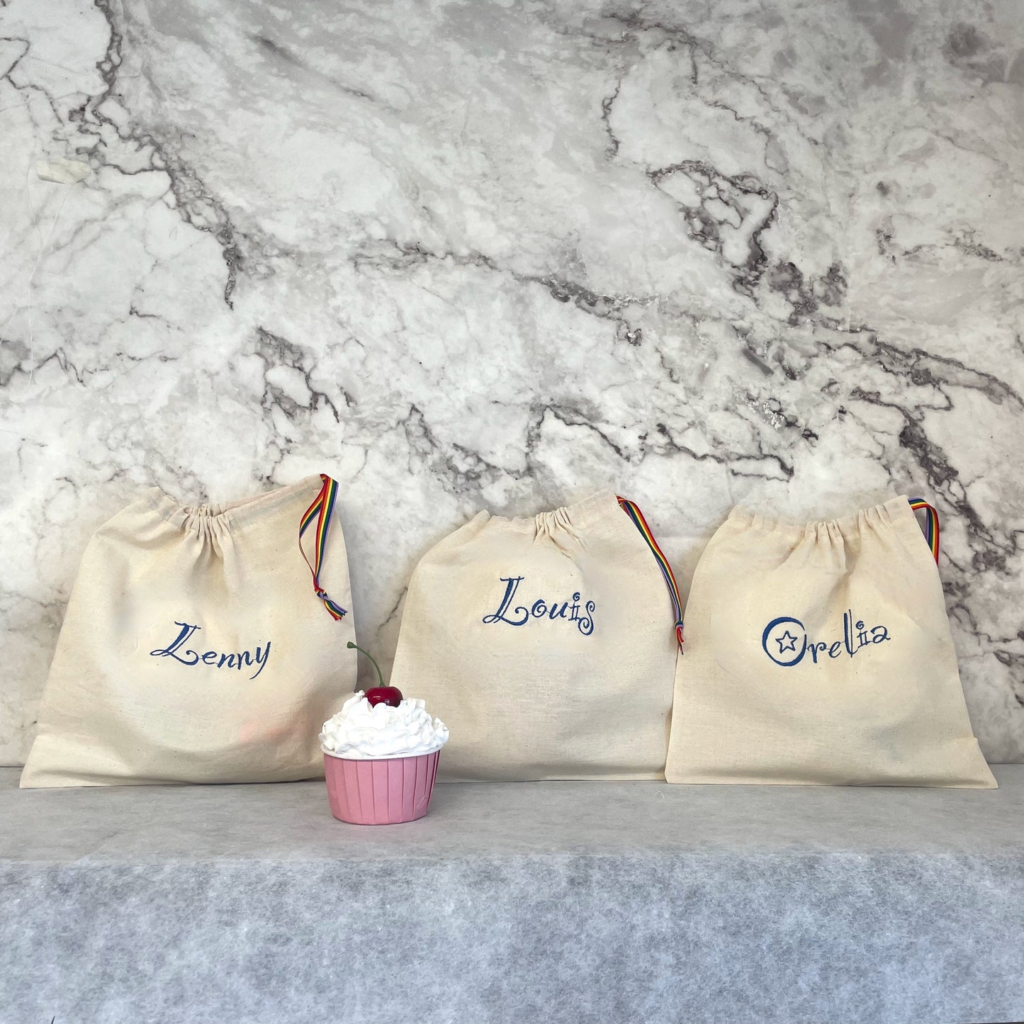 Blue personalised cotton drawstring bags