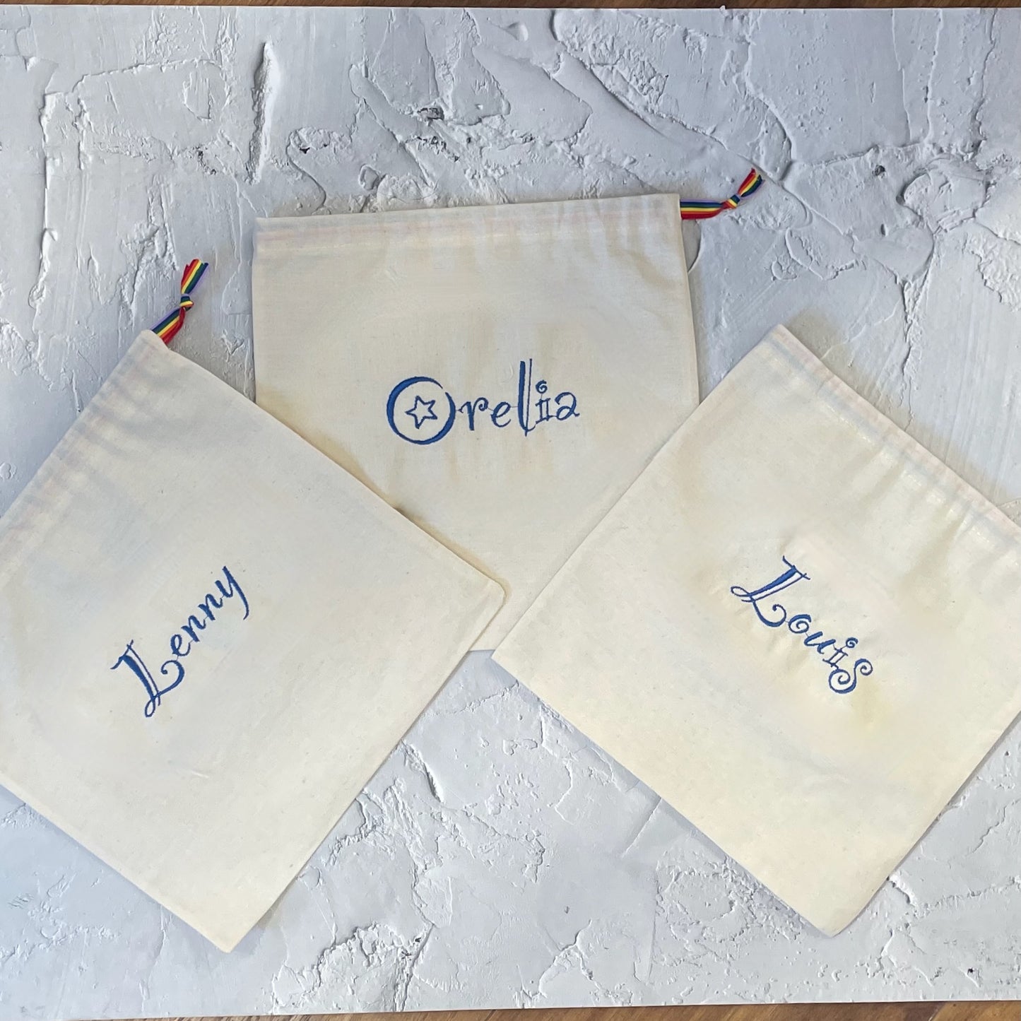 Blue personalised cotton drawstring bags