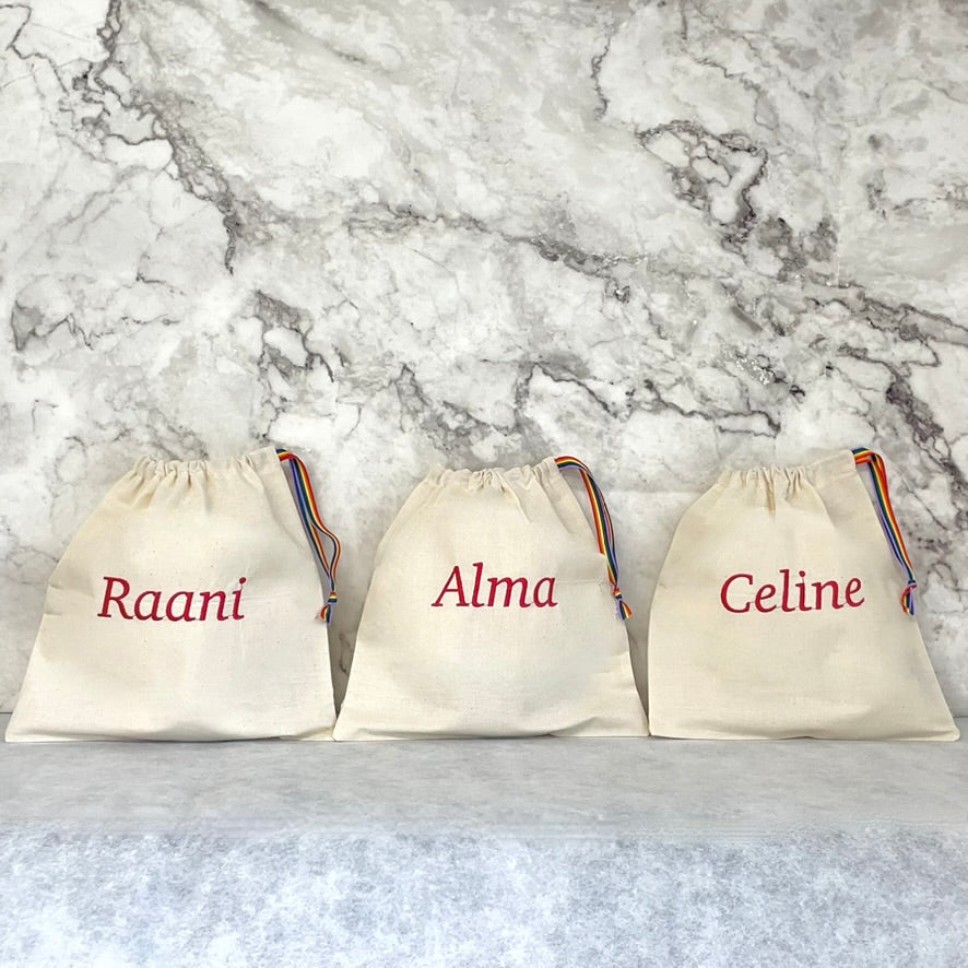 Red personalised cotton drawstring bags