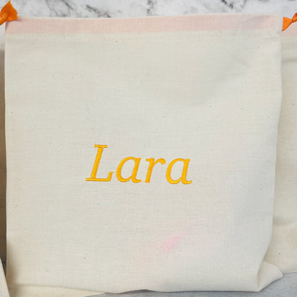 Orange personalised cotton drawstring bags