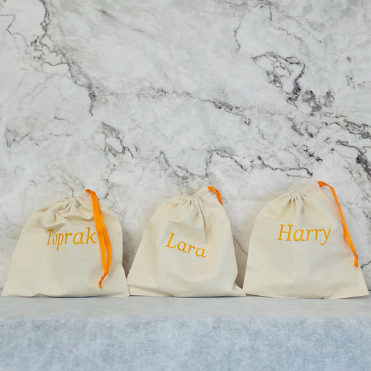 Orange personalised cotton drawstring bags