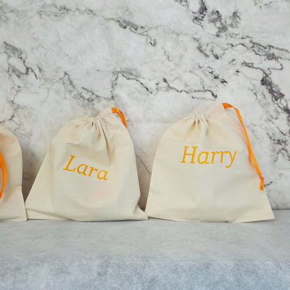 Orange personalised cotton drawstring bags