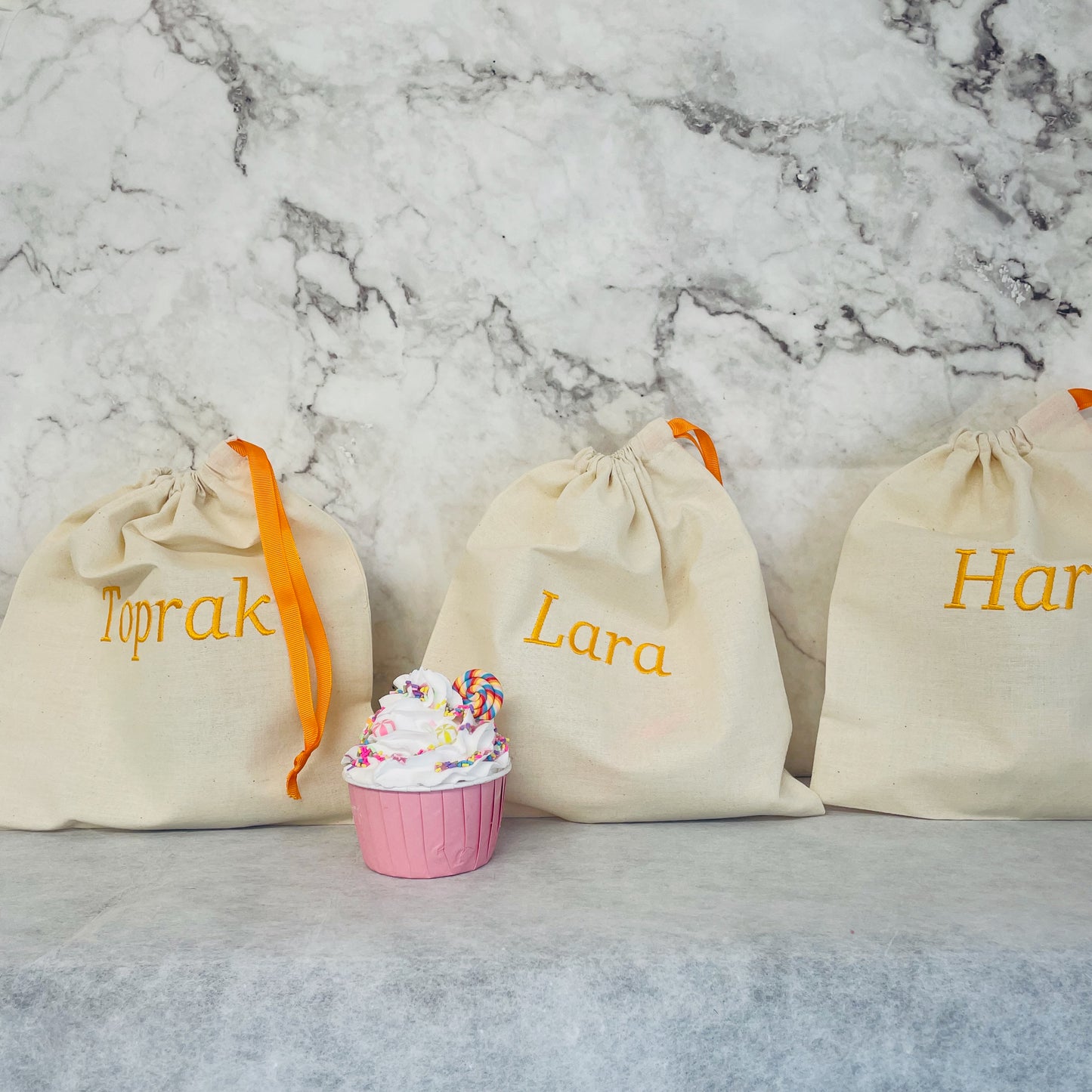 Orange personalised cotton drawstring bags