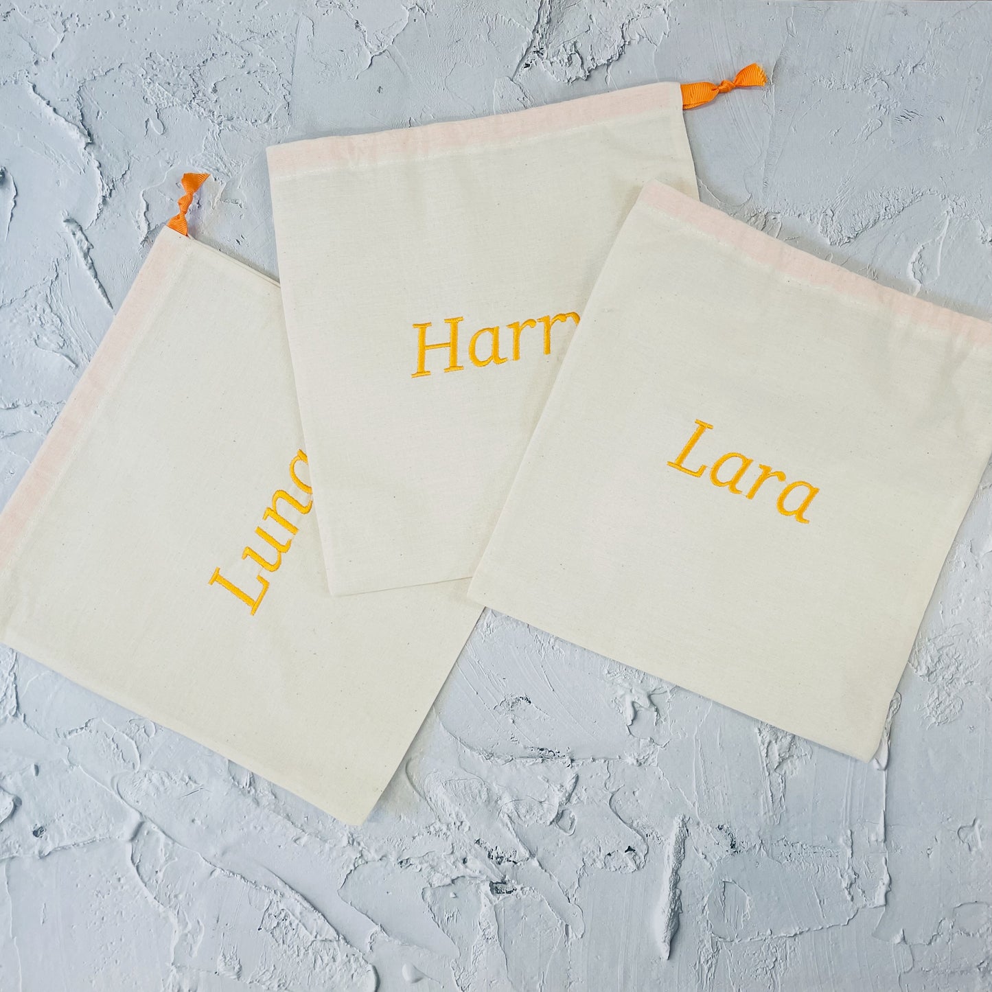 Orange personalised cotton drawstring bags