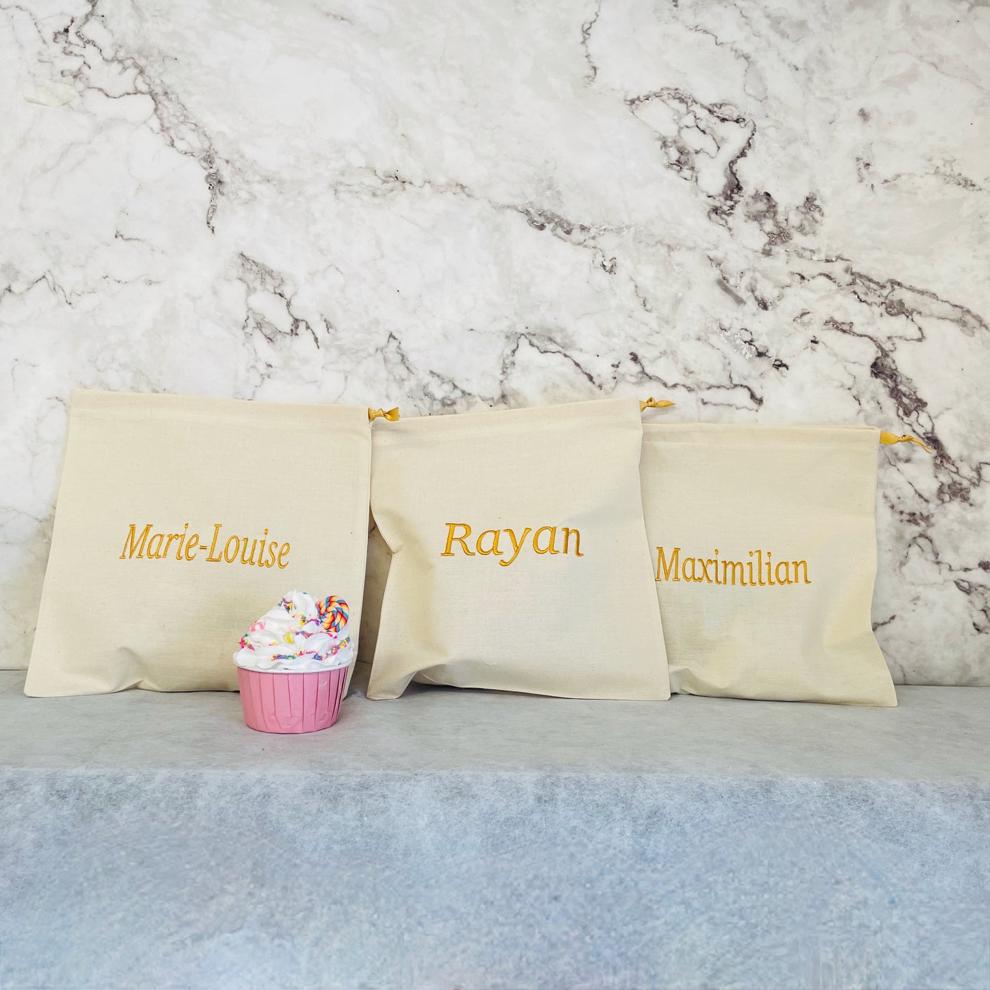 Golden personalised cotton drawstring bags