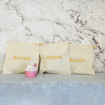 Golden personalised cotton drawstring bags