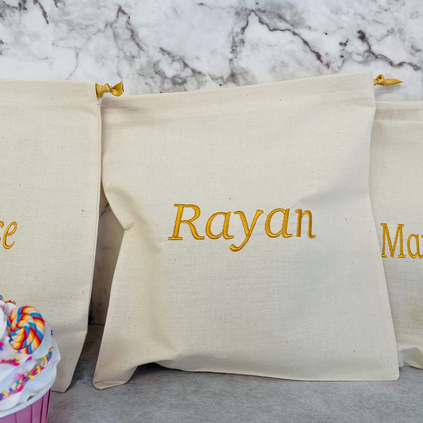 Golden personalised cotton drawstring bags