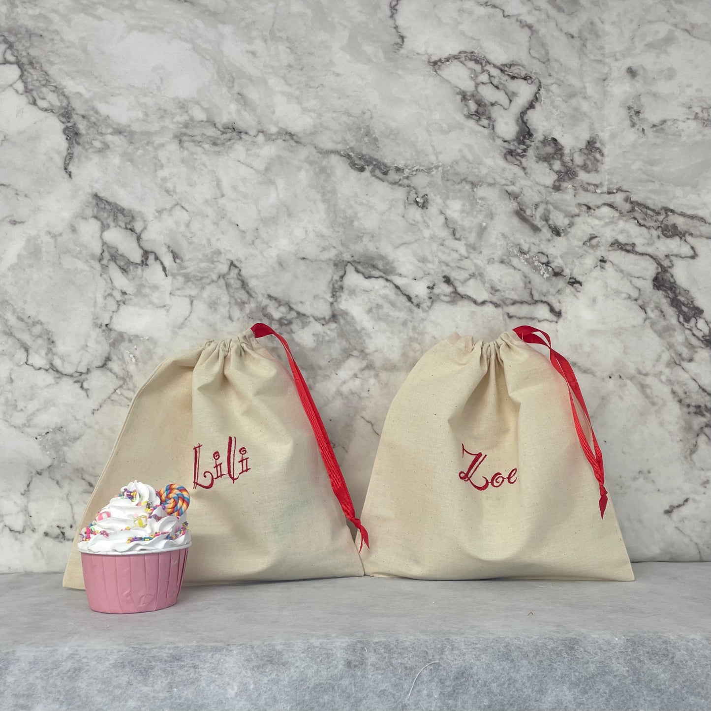 RED personalised cotton drawstring bags