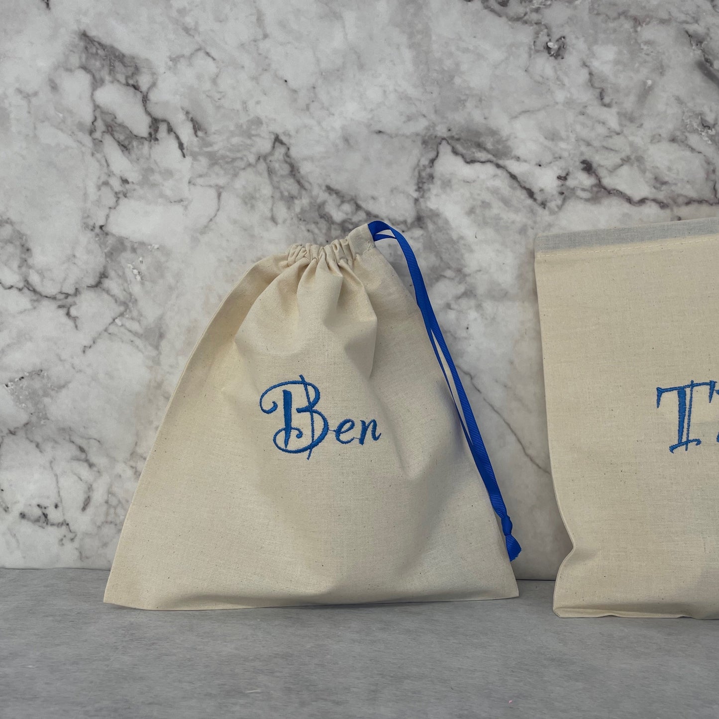 Blue personalised cotton drawstring bags