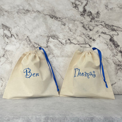 Blue personalised cotton drawstring bags