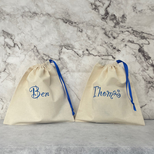 Blue personalised cotton drawstring bags