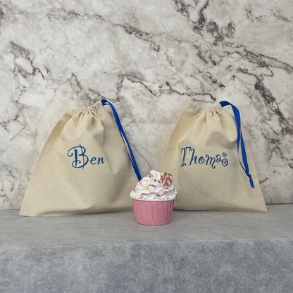 Blue personalised cotton drawstring bags