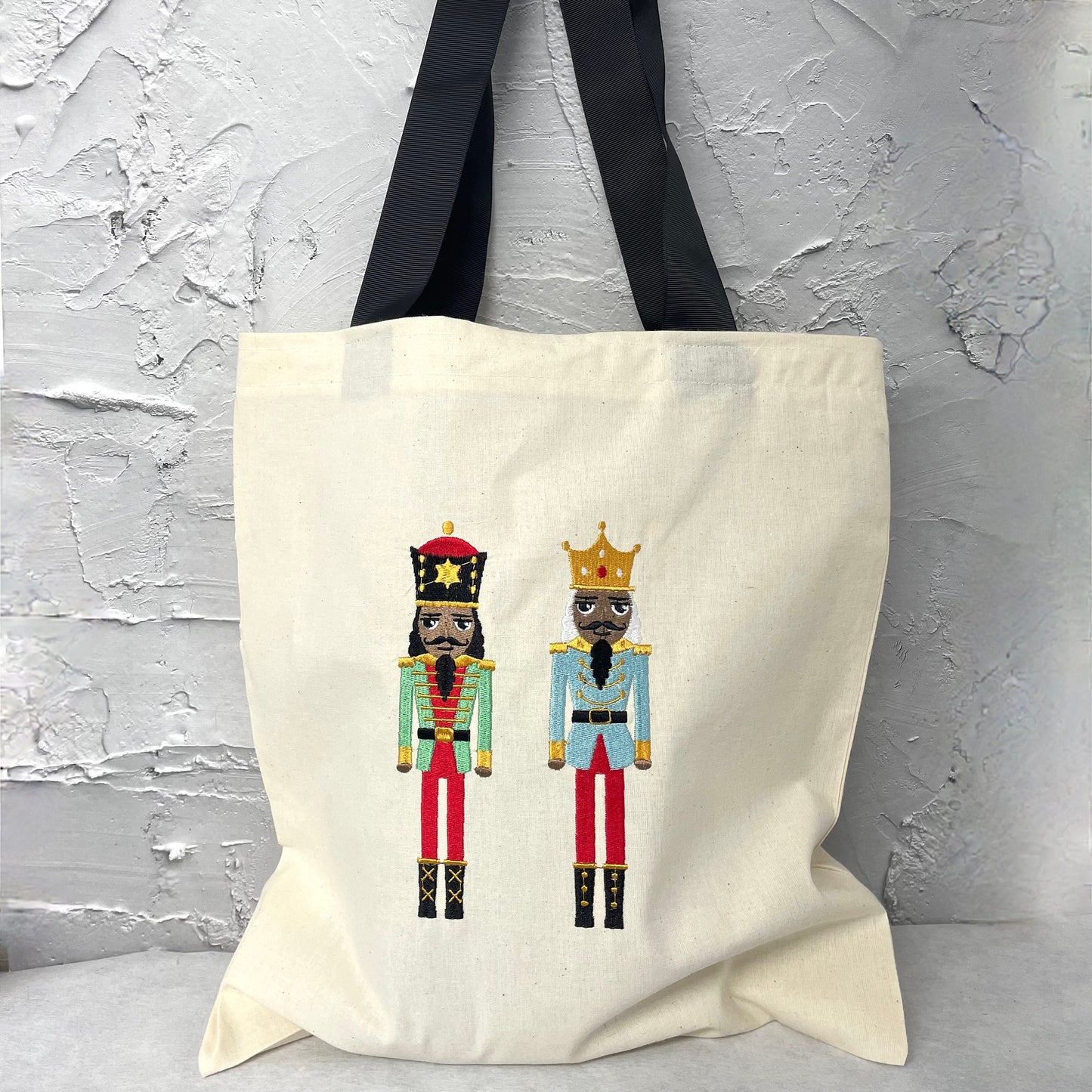 nutcracker festive tote bag, advent christmas bag, colourful book bag, large christmas gift bag, cotton shopping bag, festive sack bag