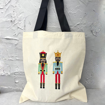 nutcracker festive tote bag, advent christmas bag, colourful book bag, large christmas gift bag, cotton shopping bag, festive sack bag