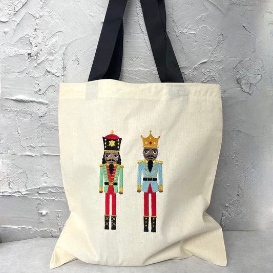 nutcracker festive tote bag, advent christmas bag, colourful book bag, large christmas gift bag, cotton shopping bag, festive sack bag