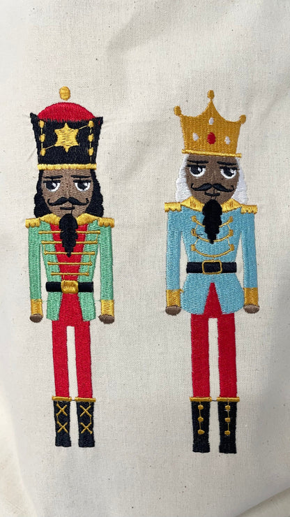 nutcracker festive tote bag, advent christmas bag, colourful book bag, large christmas gift bag, cotton shopping bag, festive sack bag
