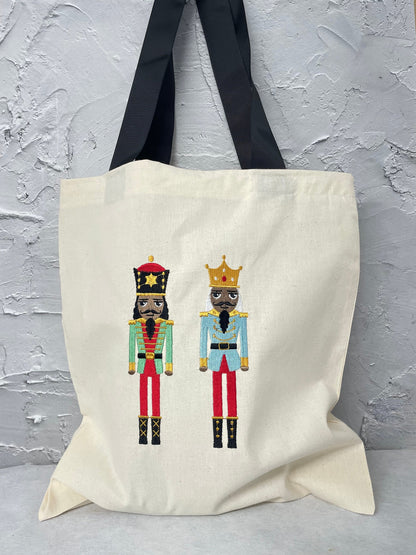 nutcracker festive tote bag, advent christmas bag, colourful book bag, large christmas gift bag, cotton shopping bag, festive sack bag