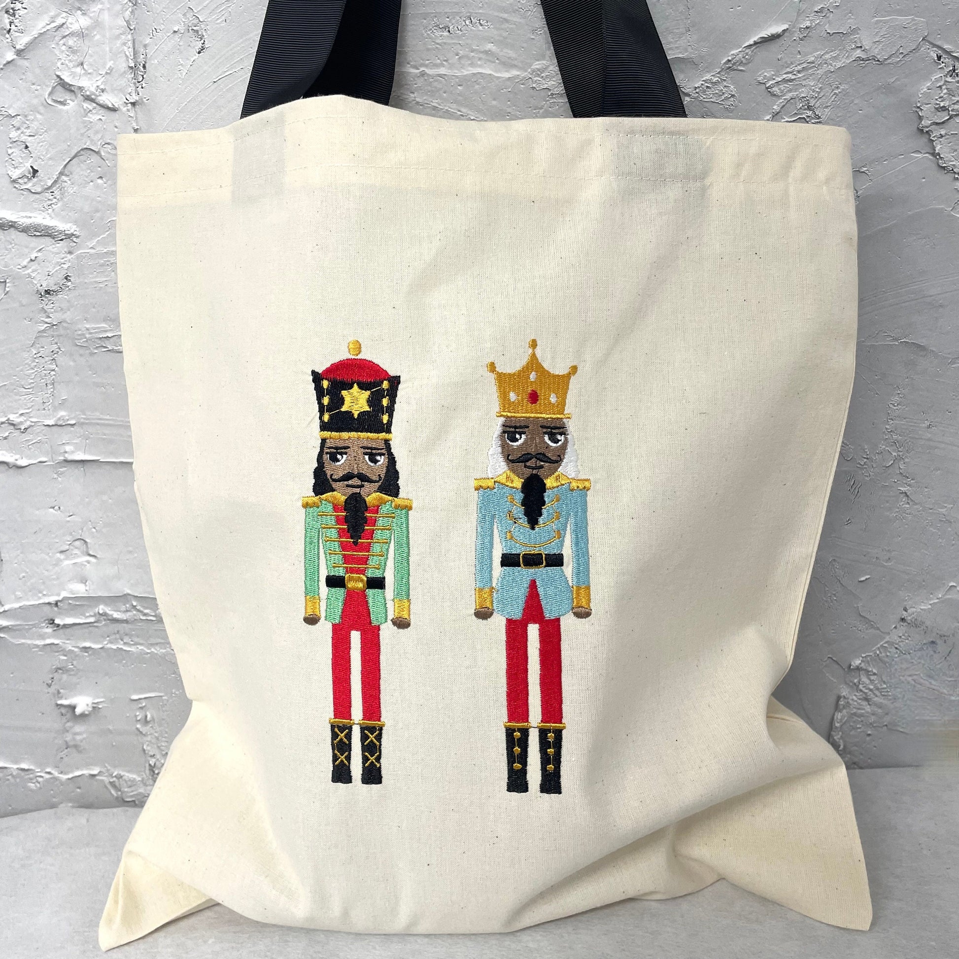 nutcracker festive tote bag, advent christmas bag, colourful book bag, large christmas gift bag, cotton shopping bag, festive sack bag