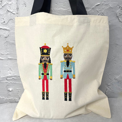 nutcracker festive tote bag, advent christmas bag, colourful book bag, large christmas gift bag, cotton shopping bag, festive sack bag